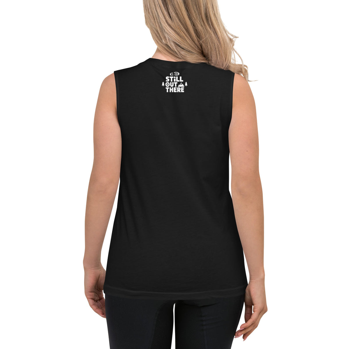 Black unisex hiking muscle tank, back view with “Still out there” text