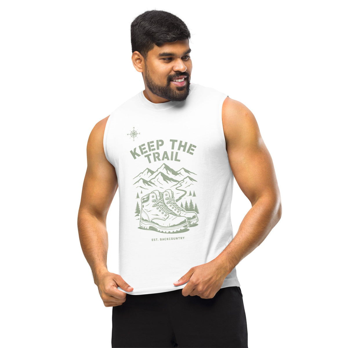 White unisex hiking muscle tank with “Keep the Trail” front graphic and mountain art