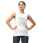 White unisex hiking muscle tank with “Keep the Trail” front graphic, sleeveless fit