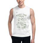 White unisex hiking tank with Keep the Trail mountain and dinosaur front graphic