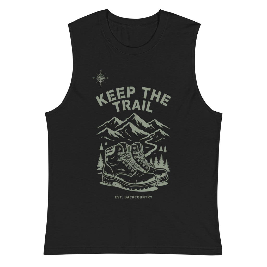 Black unisex hiking muscle tank with Keep the Trail mountain dinosaur front graphic
