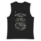 Black unisex hiking muscle tank with Keep the Trail mountain dinosaur front graphic