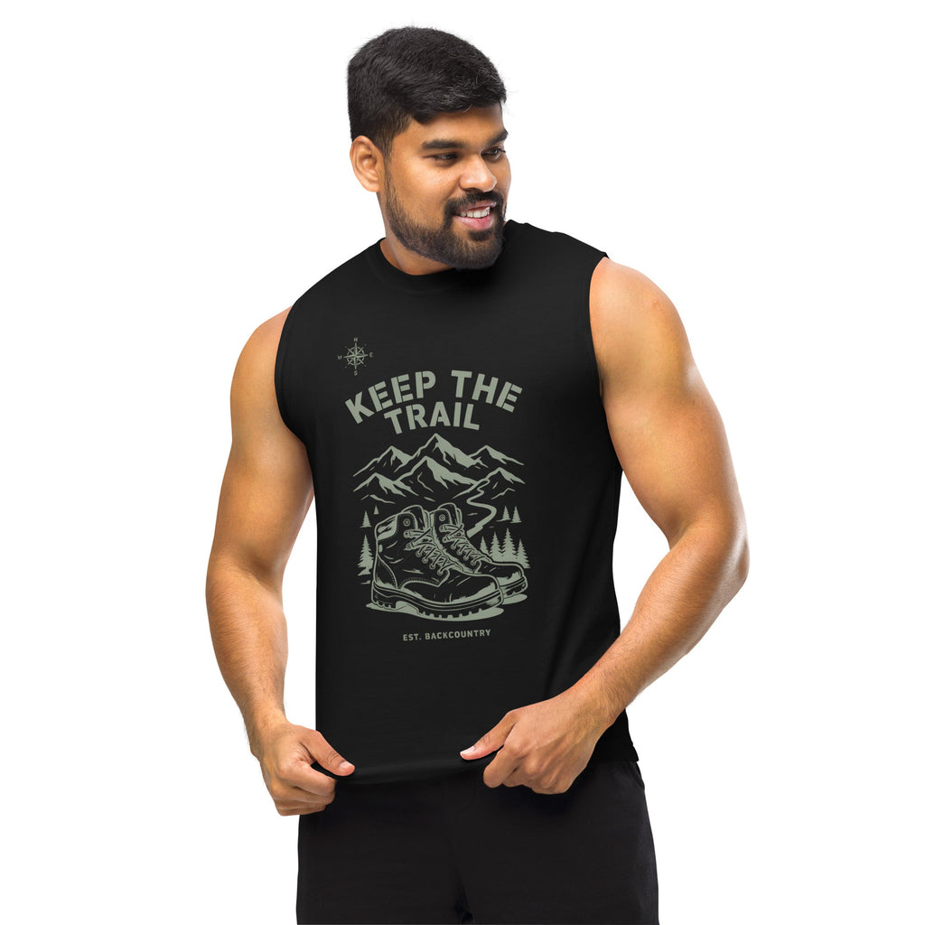 Black unisex hiking muscle tank with “Keep the Trail” front graphic, crew neckline