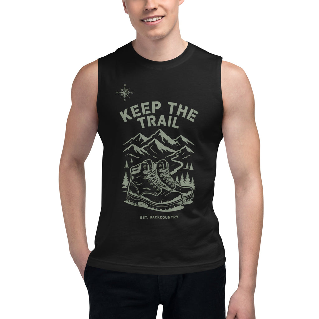 Black unisex hiking muscle tank with “Keep the Trail” front graphic, sleeveless