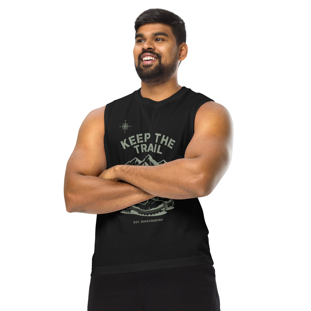 Black unisex hiking muscle tank with “Keep the Trail” front graphic and armholes