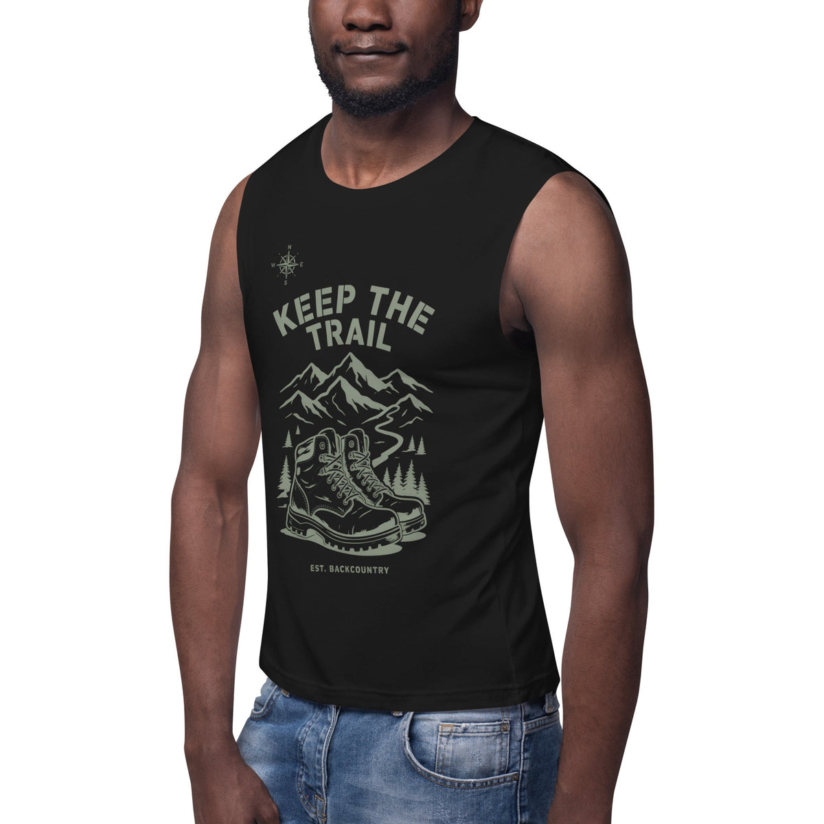 Black unisex hiking muscle tank with large “Keep the Trail” front logo and mountain art
