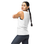 White unisex hiking muscle tank top, plain back view