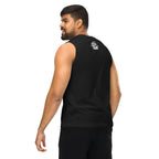 Black unisex hiking muscle tank, back view with small “Keep the Trail” text