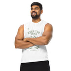 White unisex hiking muscle tank with Keep the Trail front mountain dinosaur graphic