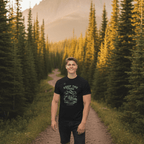 Black hiking t-shirt with mountain and boots graphic print, short sleeves