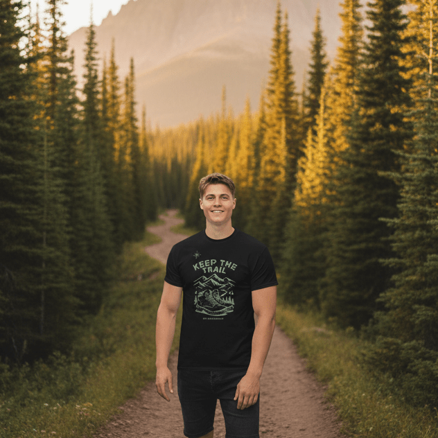 Black hiking t-shirt with mountain and boots graphic print, short sleeves