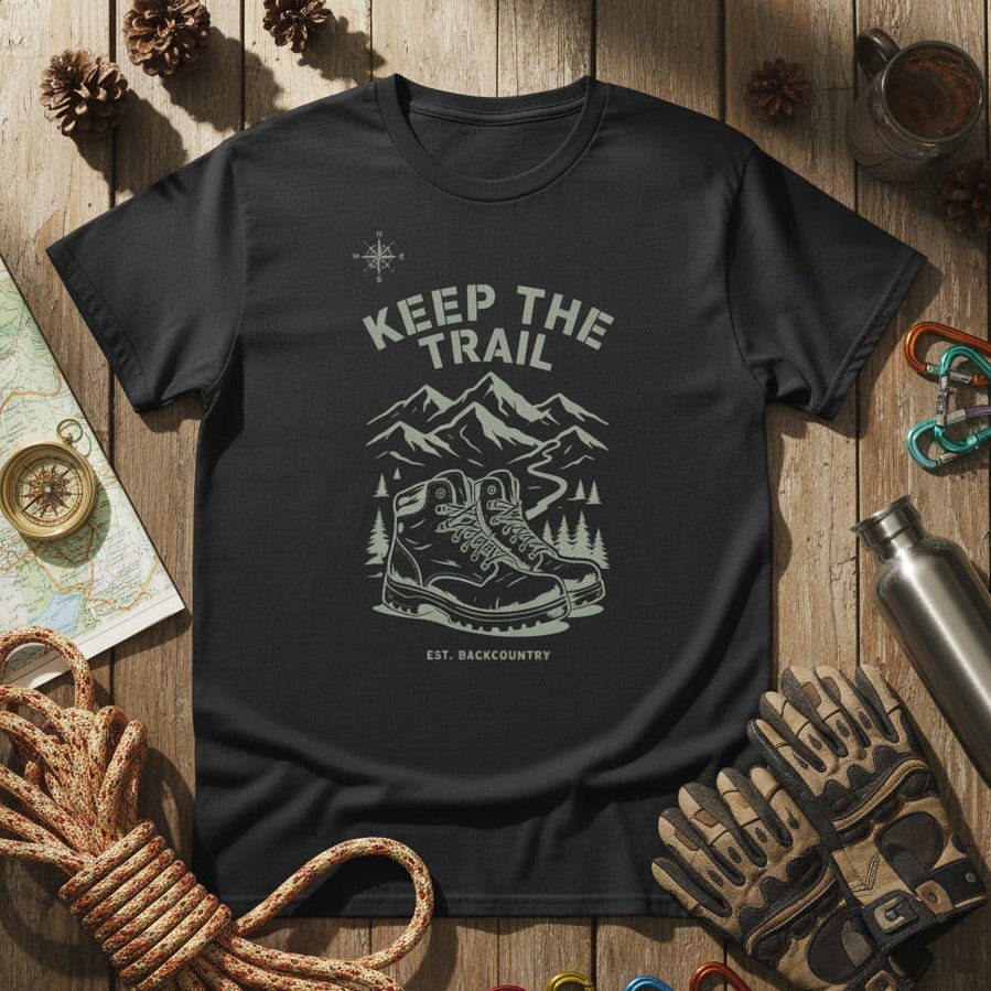 Black hiking T-shirt with mountain and boot graphic and 'KEEP THE TRAIL' print