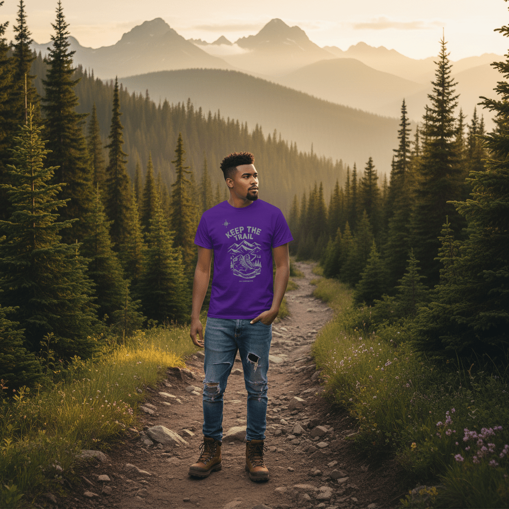 Purple hiking t-shirt with mountain and boots graphic, crew neck