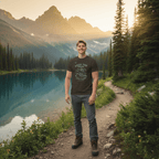Black hiking t-shirt with mountain and boots graphic, crew neck