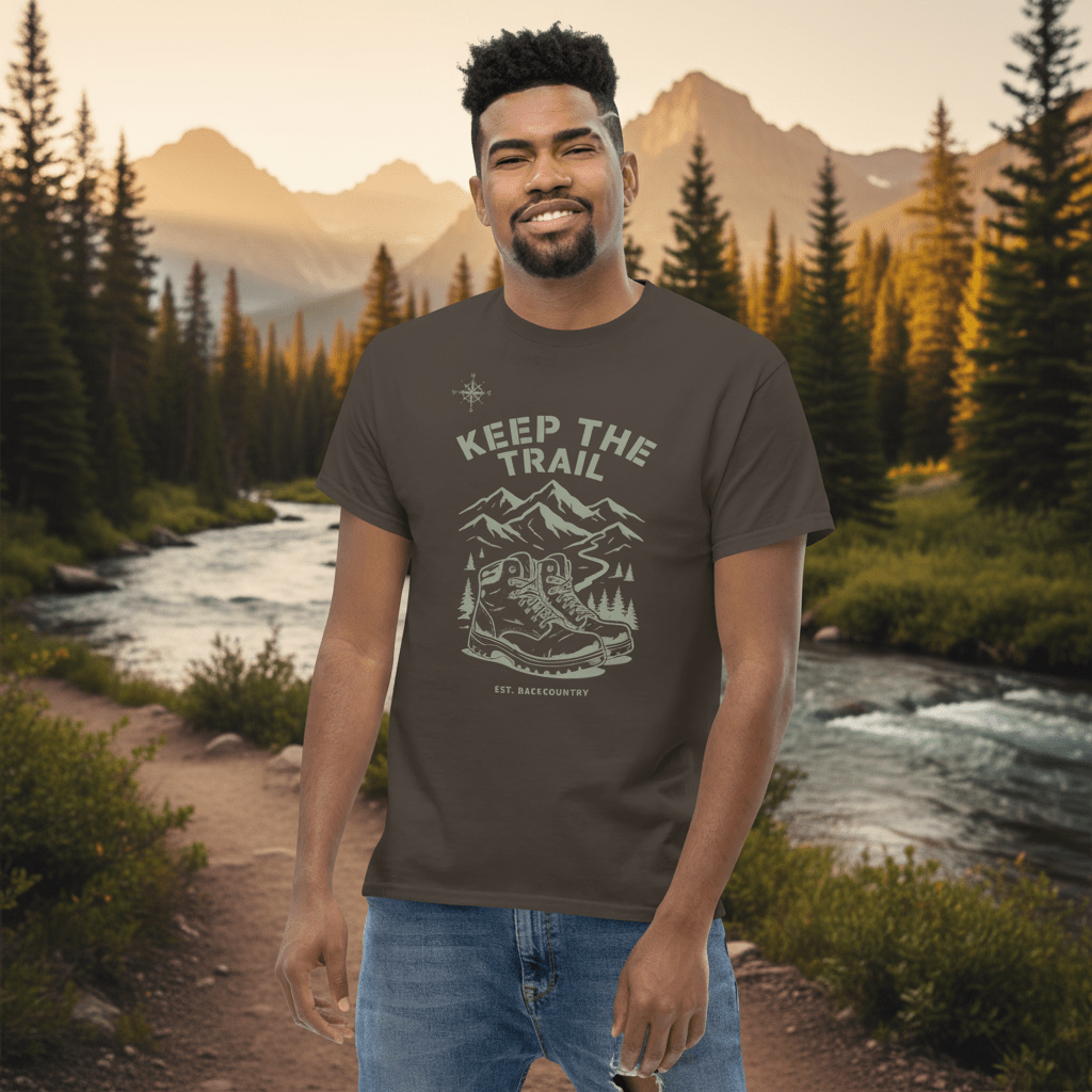 Dark gray hiking T-shirt with mountain and boot graphic and 'KEEP THE TRAIL' print on model