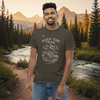 Dark gray hiking T-shirt with mountain and boot graphic and 'KEEP THE TRAIL' print on model