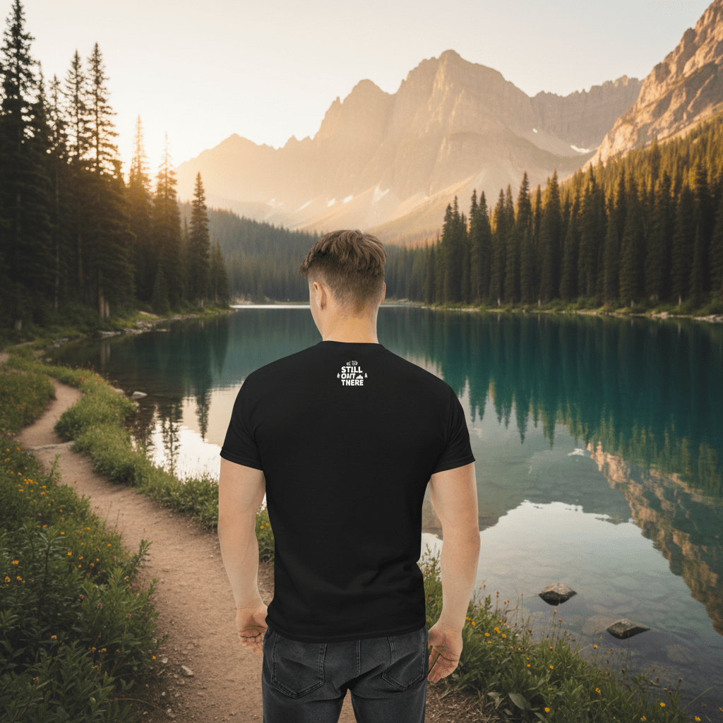 Black hiking t-shirt, back view with mountain and boots graphic print