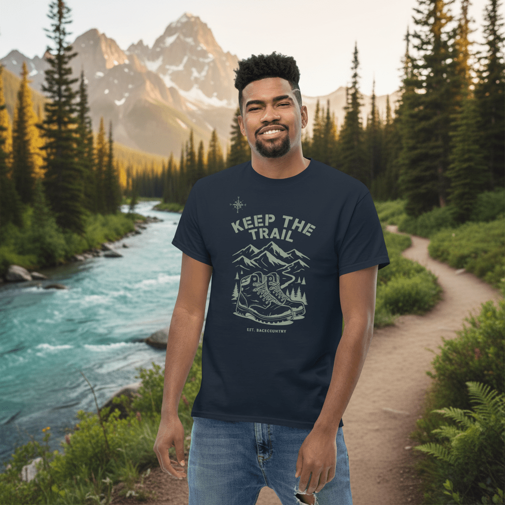 Navy hiking t-shirt with mountain and boots graphic, crew neck