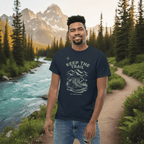 Navy hiking t-shirt with mountain and boots graphic, crew neck