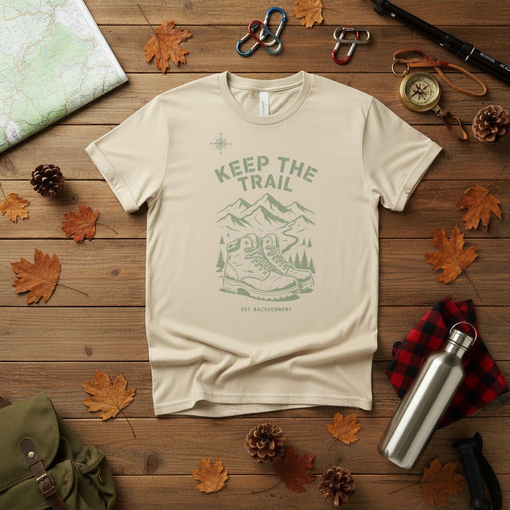 White hiking T-shirt with front trail logo graphic