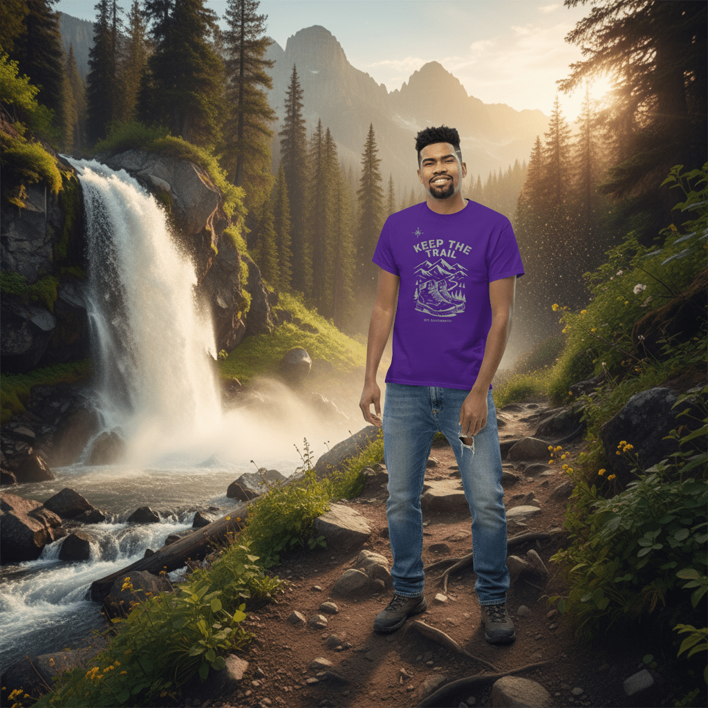 Purple hiking t-shirt with mountain and boots graphic, short sleeves