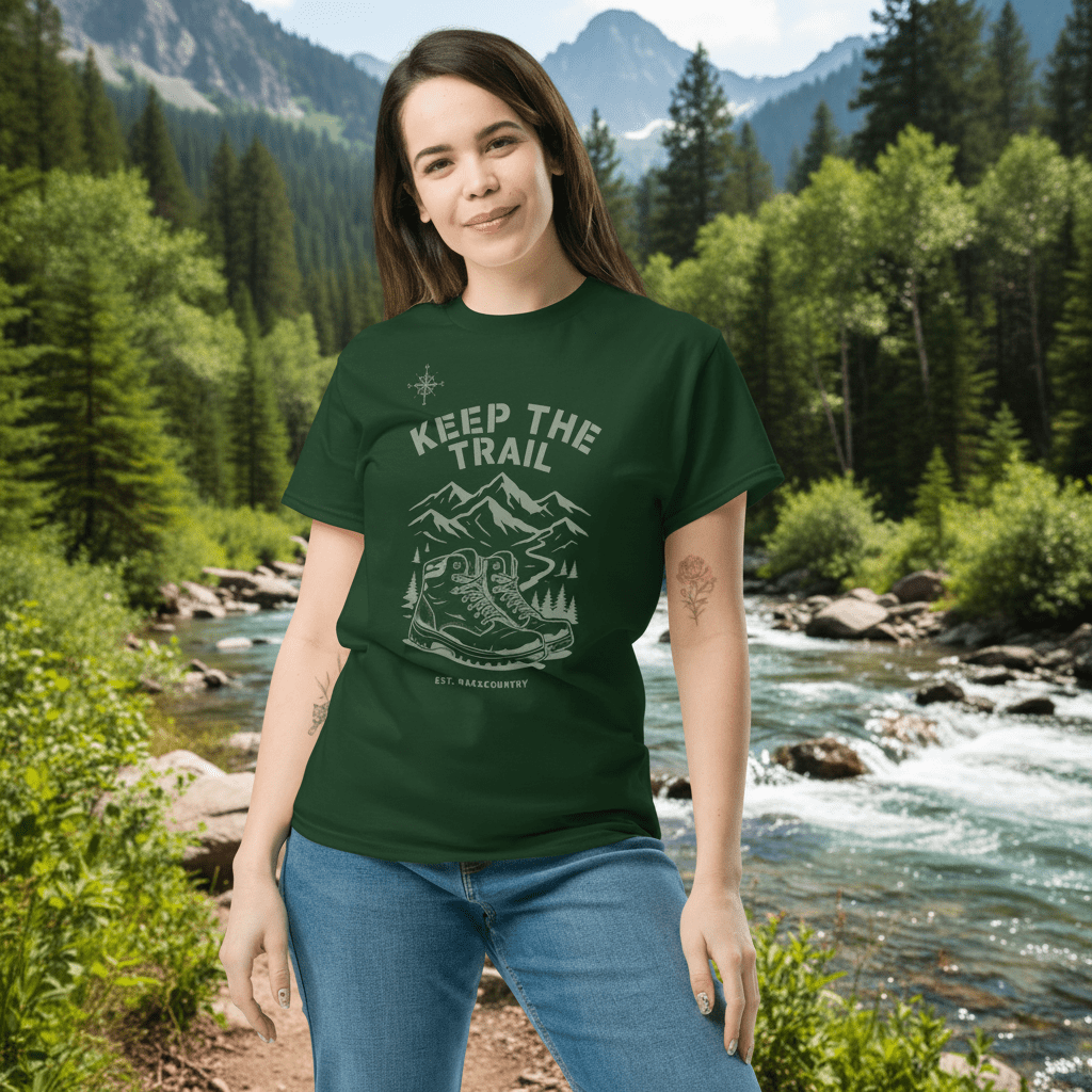 Green hiking T-shirt with mountain and boot graphic and 'KEEP THE TRAIL' print on model