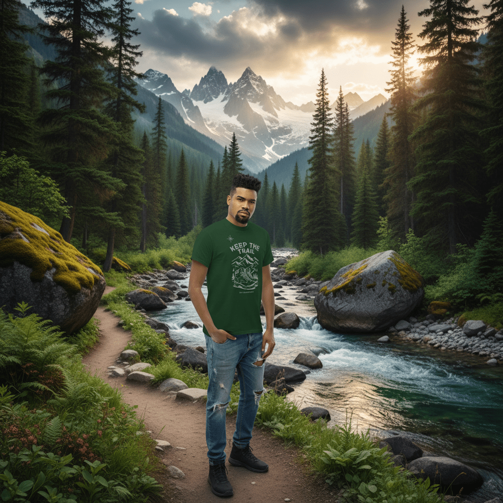 Forest green hiking t-shirt with mountain and boots graphic print