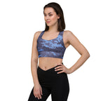 Dark blue digital camo longline sports bra with wide underbust band