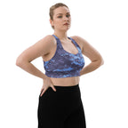 Navy digital camo longline sports bra with racerback and cropped, supportive fit