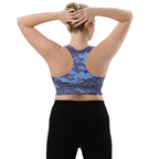Dark blue digital camo longline sports bra, racerback back view