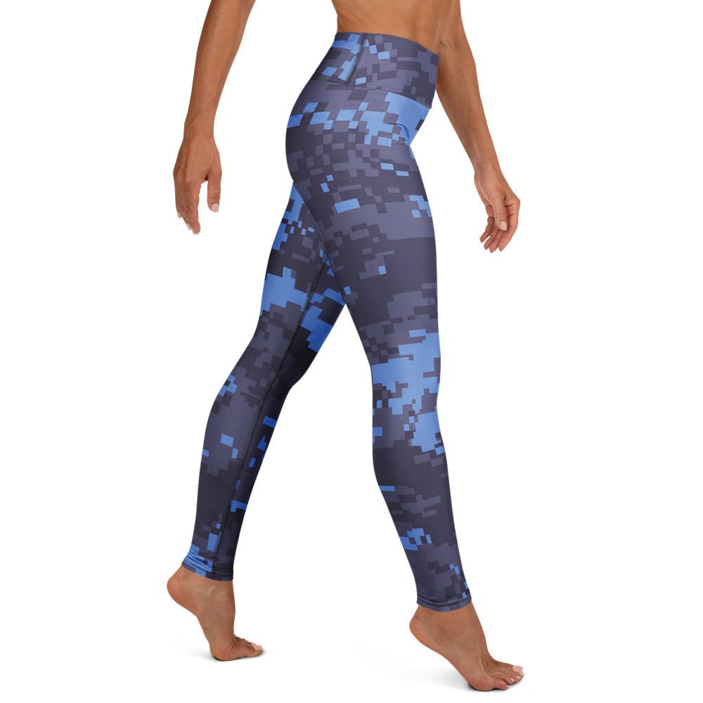 Navy digital camouflage yoga leggings with high-rise fit and allover pixel pattern