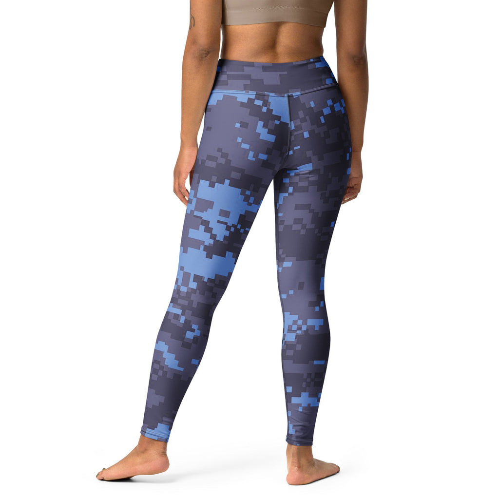 Navy digital camo yoga leggings on model, full length blue-gray geometric pattern