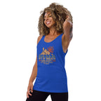 Blue hiking tank top with crew neck and Out of Breath graphic, side view