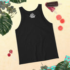 Black sleeveless tank top with outdoor hiking scene graphic and slogan