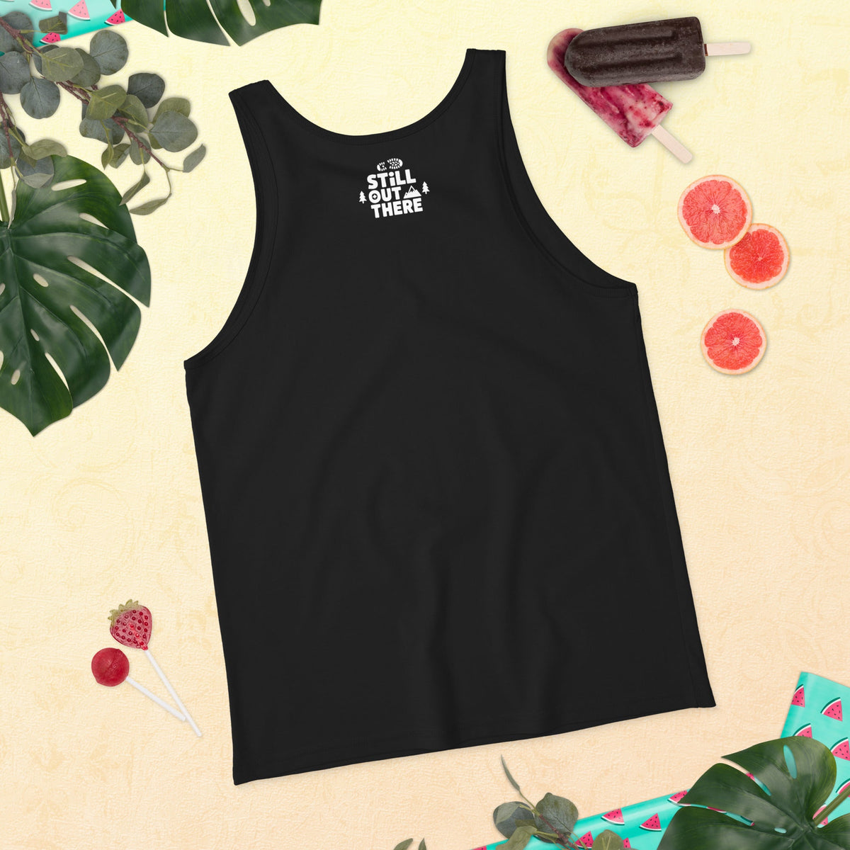 Black sleeveless tank top with outdoor hiking scene graphic and slogan