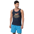 Navy sleeveless tank top on model with hiking graphic and “Out of Breath”