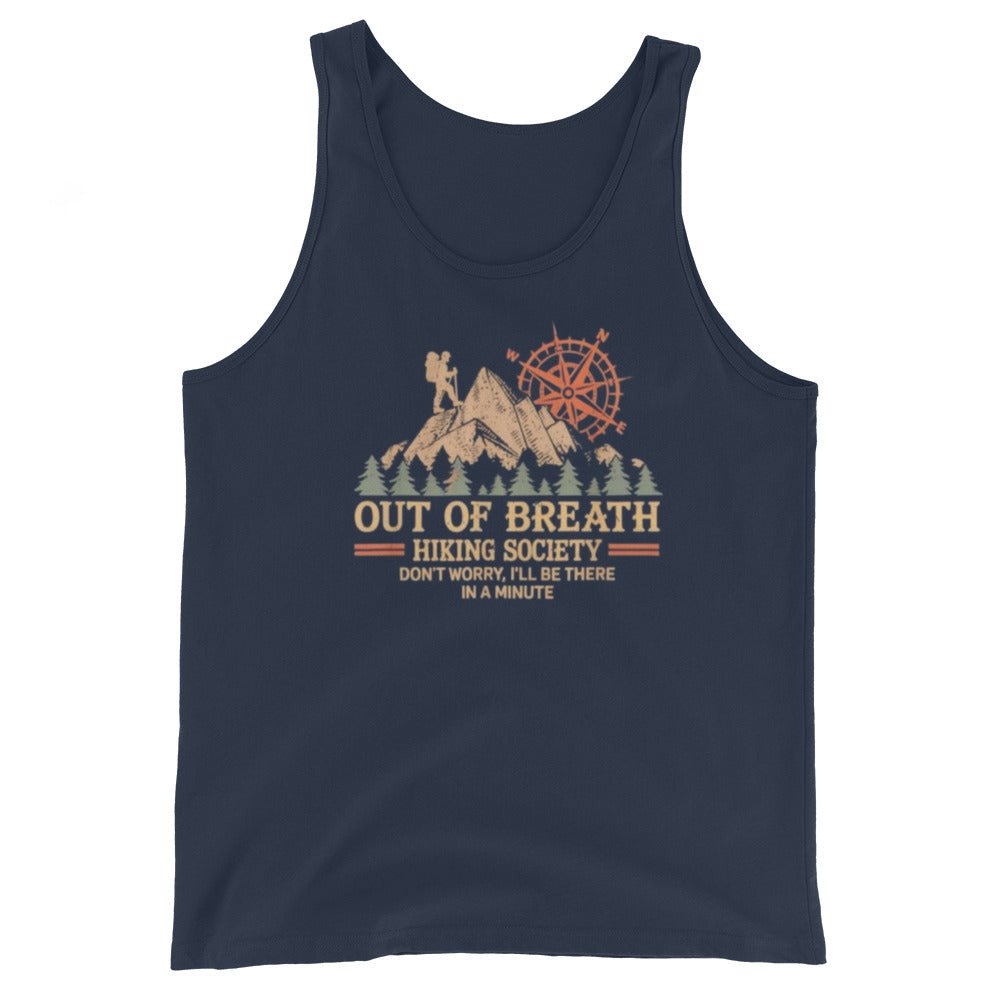 Navy sleeveless tank top with camping graphic and “Out of Breath” text