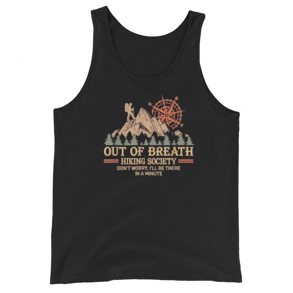 Black sleeveless tank top with camping graphic and “Out of Breath” text