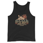 Black sleeveless tank top with camping graphic and “Out of Breath” text