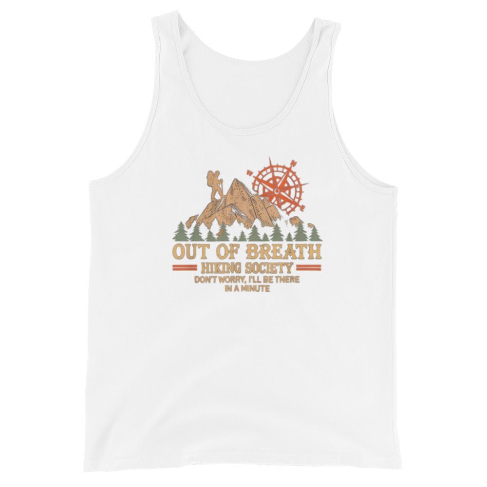 White sleeveless tank top with camping graphic and “Out of Breath” text