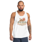White hiking tank top with crew neck and Out of Breath graphic front