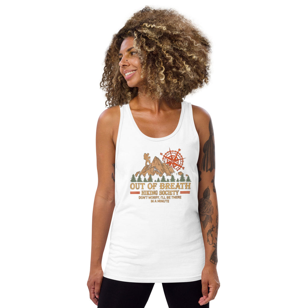 White hiking tank top with crew neck and Out of Breath graphic, side view