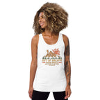 White hiking tank top with crew neck and Out of Breath graphic, side view