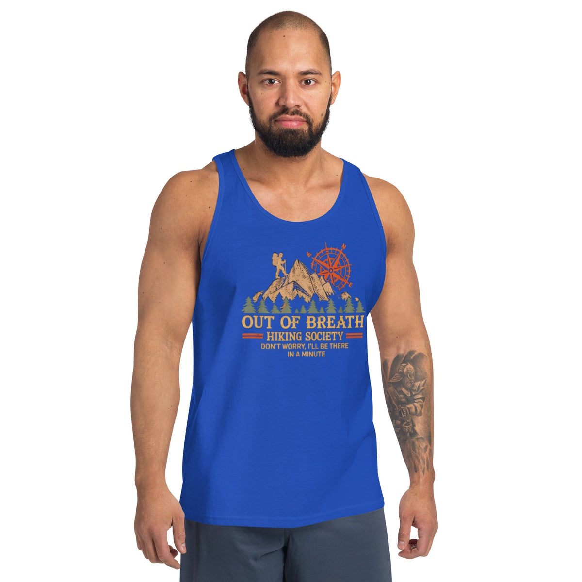 Blue hiking tank top with crew neck and Out of Breath graphic front