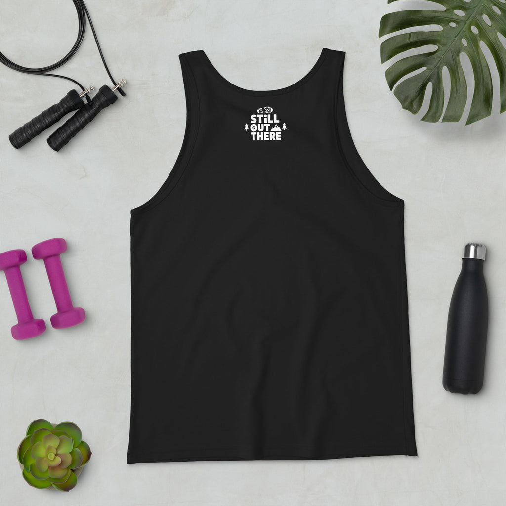 Black sleeveless tank top with small white chest text graphic