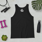 Black sleeveless tank top with small white chest text graphic