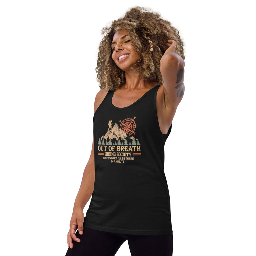 Black sleeveless tank top on model with hiking graphic and slogan