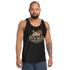 Black sleeveless tank top on model with hiking graphic and “Out of Breath”