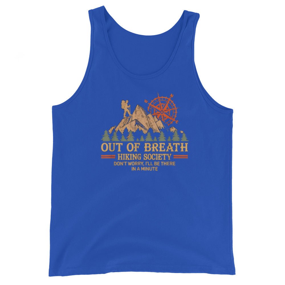 True royal blue sleeveless tank top with camping graphic and “Out of Breath” text