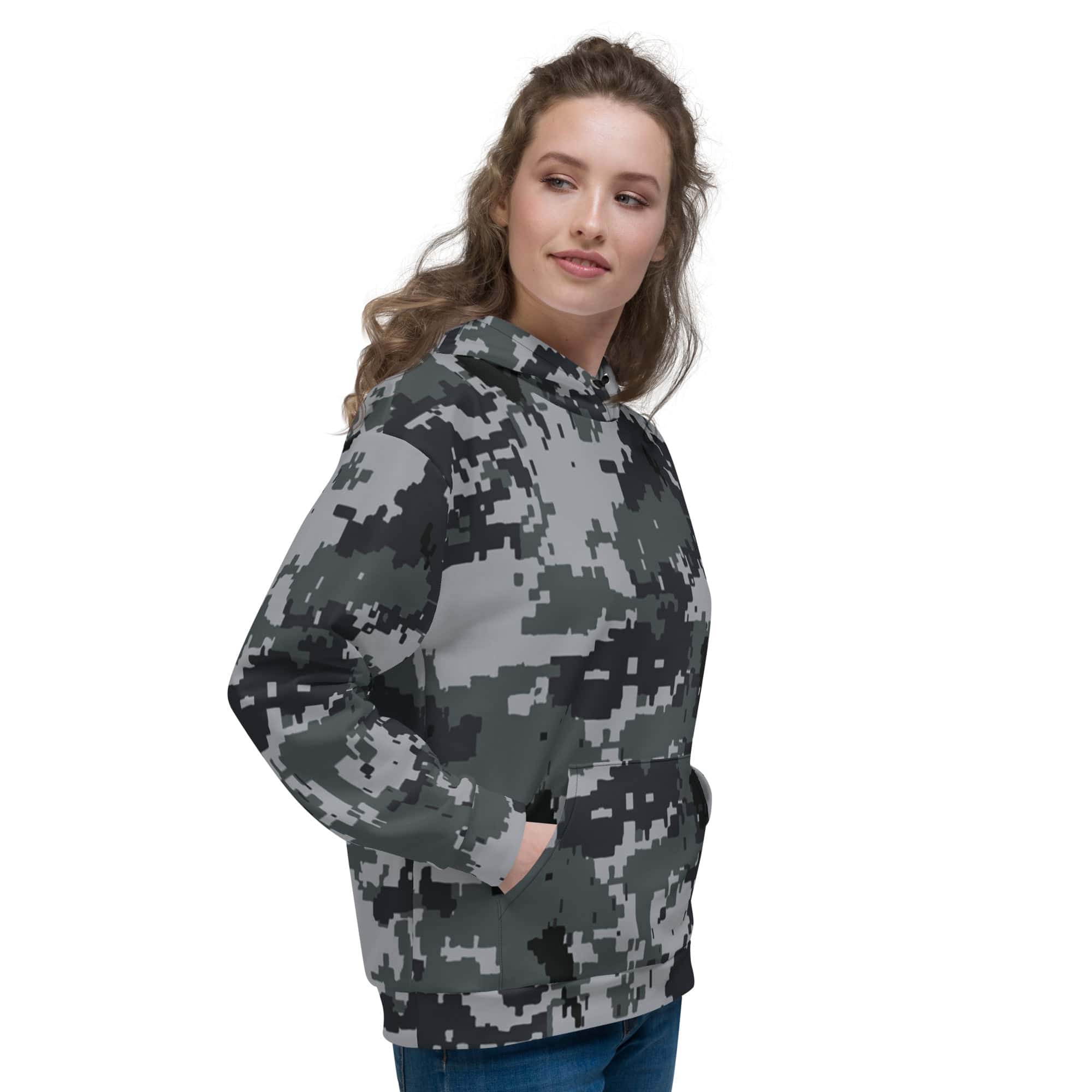 Gray-and-black army camo pullover hoodie with hood, drawstrings, and pouch pocket